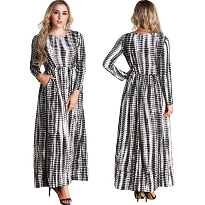 

Casual Women Plus Size Stripe Printed Dress Big Size O-Neck Ankle-Length Long Maxi Dress Black