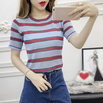 

Womens Casual O Neck Striped Short Sleeve Thin Perspective Knitted Pullover T-Shirt