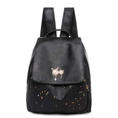 

Star Pearl Decor Tote Women Backpack Flap PU Leather School Casual Knapsack