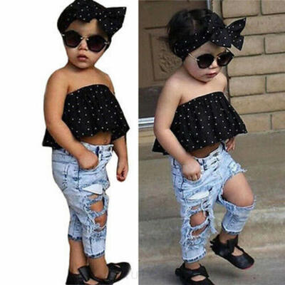 

2pc Toddler Kids Baby Girls Outfits Cotton topsDenim Ripped pants Clothes Sets