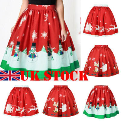 

Womens Mini Skater Skirt Stretch Christmas Flared Plain Ladies Xmas Party Dress