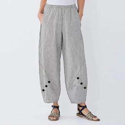 

Plus Size Women High Waist Stripe Button Wide Leg Pants Trousers Loose Pants