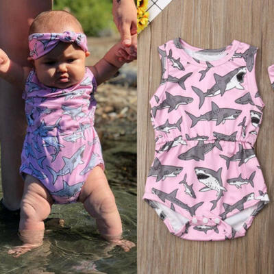 

USA Toddler Baby Girls Shark Romper Bodysuit Jumpsuit Outfit Set Sunsuit Clothes