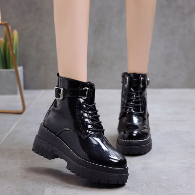 

Slope heels thick soles high uppers zippers round heads short boots autumn Martin boot black