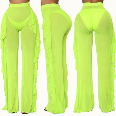 

Fashion Womens See Through Sheer Mesh Ruffle Swimsuits Beach Cover up Pants
