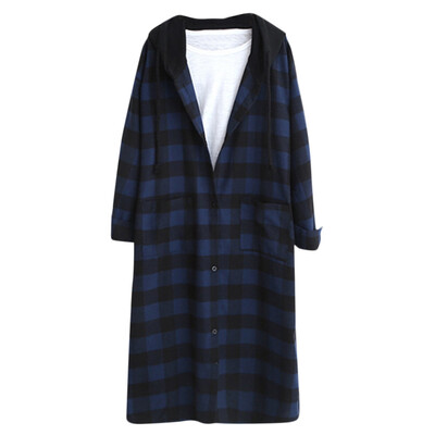 

Toponeto Women Hooded Winter Warm Wool Pockets Lattice Clothes Button Long Shirt Coat