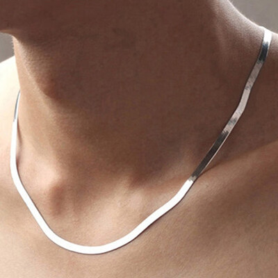 

Women Men Simple Silver Plated Flat Gift Snake Chain Herringbone Choker Necklace