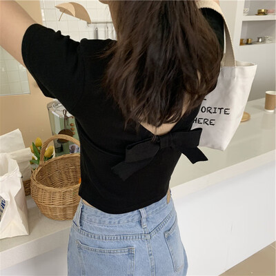 

Women ClothesTshirt Womens Short Sleeve Sexy Backless Round Neck Solid Casual Back Bow Knitted T-Shirt