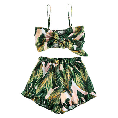 

Spaghetti Strap Backless Bowknot Leaf Print Crop Top Elastic Ruffle Shorts Women Two-piece Suit