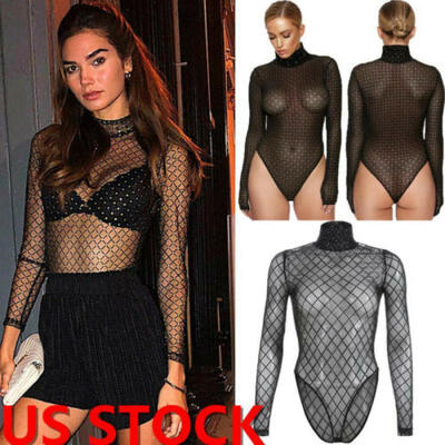 

US Women Long Sleeve Stretch Turtle Neck Bodysuit Leotard Body Top Blouse Shirts