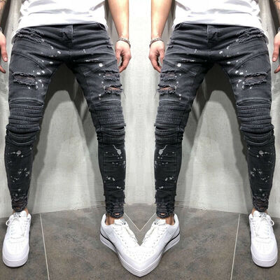 

Men Stretchy Ripped Skinny Biker Jeans Destroyed Taped Patch Denim Pants Trouser