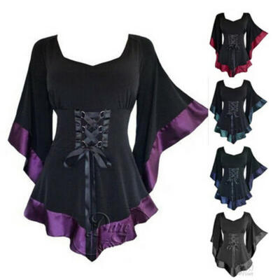 

UK Womens Gothic Steampunk Flared Sleeve Lace Up Loose T-Shirt Tops Blouse Dress