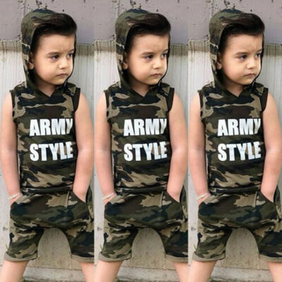 

2pcs Summer Baby Boy T-shirt Tops HoodedShort Pants Outfit Toddler Kids Clothes
