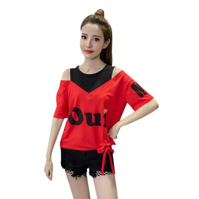 

Women Round Collar Strapless Straps Summer Letters Print Loose Short Sleeve Fake Two Loose Casual Simple Wild T-Shirt