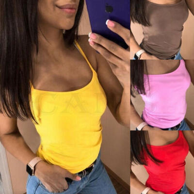 

Womens Sleeveless Sling Vest Plain Simple Slim Low Cut Cami Tank Tops Basic Tee