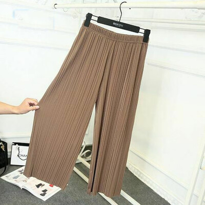 

Women Pleated Chiffon Flax Wide Leg Pants Elastic Waist Trousers Casual Pants