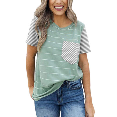 

Nomeni Womens Summer Striped Short Sleeve Blouse Casual T-Shirt Tops with Pocket