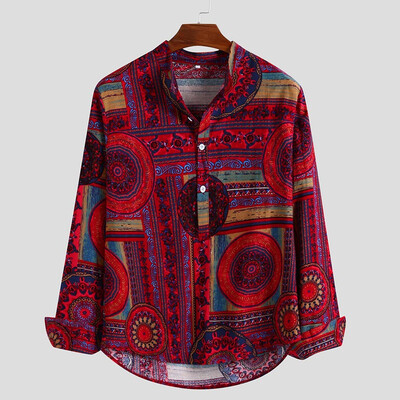 

Toponeto Mens Vintage Ethnic Printed Loose Comfy Long Sleeve Loose Casual Shirt Top