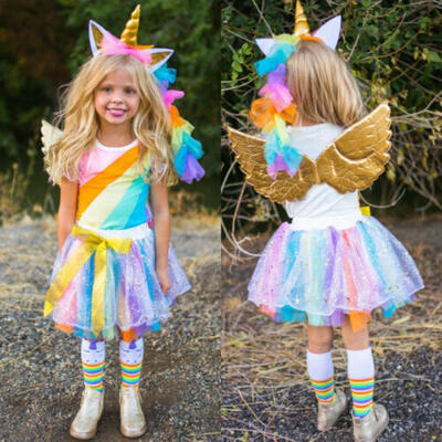 

USA Unicorn Kids Baby Girl TopsTutu Skirt Party Dress Clothes Outfit Halloween