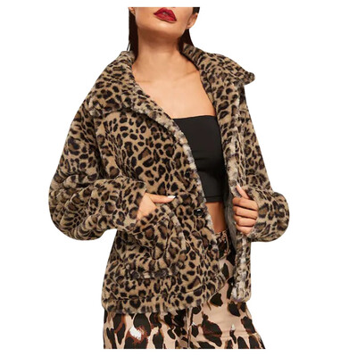 

Toponeto Women Fashion Autumn And Winter Leopard Print Loose Short Windbreaker Lamb Coat