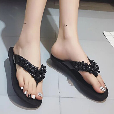 

Rose Womens Fashion Rhinestone Low Heel Shoes Flat Bottom Non-Slip Beach Slippers