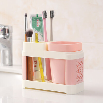 

Home Toothbrush Holder Stand Set Shelf Bathroom Toothpaste Storage Rack Couple