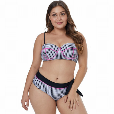

Plus Size bikini black&white plaid tube top slings split split swimsuit