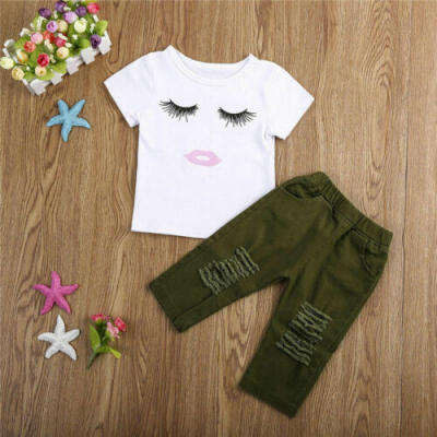 

Toddler Kids Baby Girls Short Sleeve T-shirtRipped Hole Pants Outfits Clothes