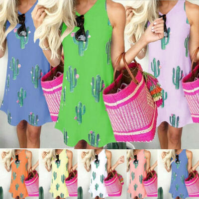 

Womens Boho Cactus Print Summer Party Evening Beach Short Mini Dress Sundress