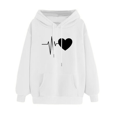 

Casual Heartbeat Print Solid Color Hoodies Women Long Sleeve Hooded Sweatshirt