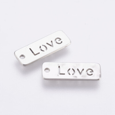 

304 Stainless Steel Pendants Rectangle with Word Love Stainless Steel Color 17x6x18mm Hole 14mm