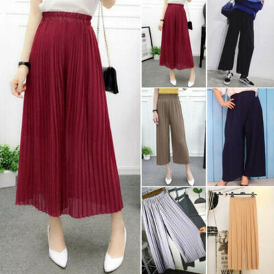 

Ladies Pleated Chiffon Flax Wide Leg Pants Elastic Waist Trousers Casual Pants