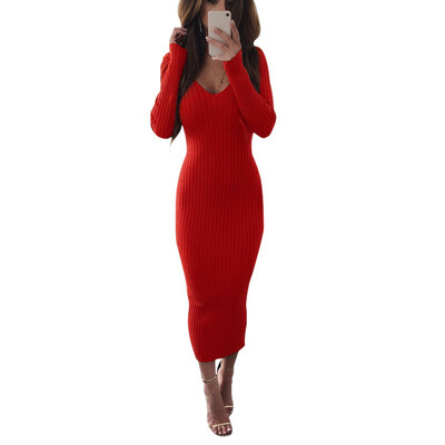 

Women Solid Color Wild Round Collar Sexy Knit Slim Shirts Long Sleeve Mid-length Casual Sweater Belt Dress