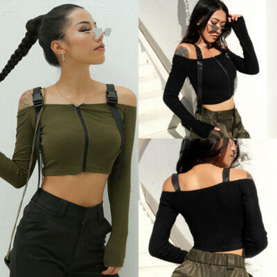 

USA Women Off Shoulder Strap Shirt Crop Tops Long Sleeve Blouse Jumper Tank Tops