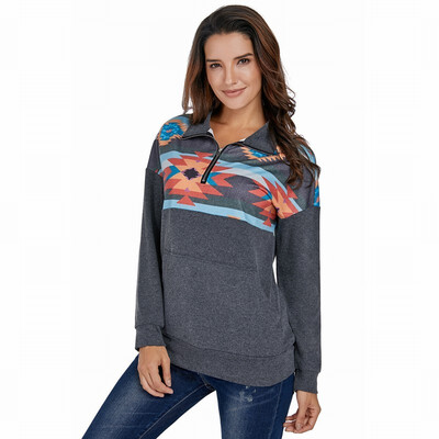

womens sweatshirt Autumn Lapel Zip Long Sleeve Print Slim Top