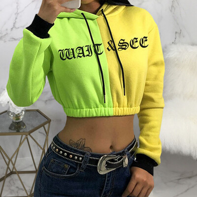 

Fluorescence Green And Yellow Patchwork Cropped Hoodies Women 2019 Gothic Letter Printed Cropped Hooded Sweatshirt Pullover Tops