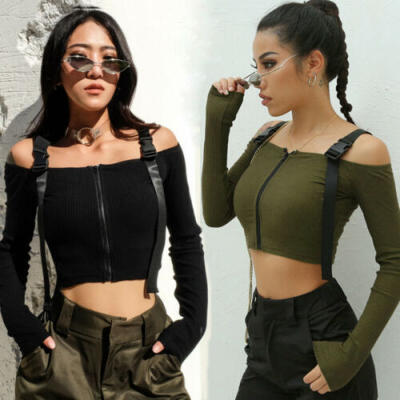 

Womens Sexy Off Shoulder Casual Long Sleeve Halter T-Shirt Blouse Crop Tops