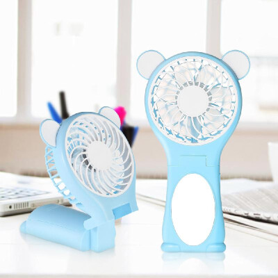 

Portable Bear Shape Mirror Cute Mini Handheld Table Foldable Fan 2 Speed for Home Office USB Rechargeable With Mirror Function