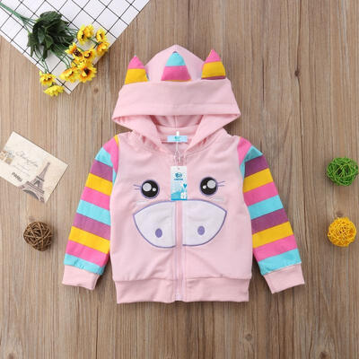 

2018 Autumn Hot Sell Cute Girl Cartoon Pink Piglet Back Angel Wings Striped Long Sleeve Thin Jacket