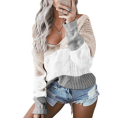 

〖Follure〗Women Casual V-Neck Pullover long Sleeve Patchwork Loose Knitted Sweater Tops