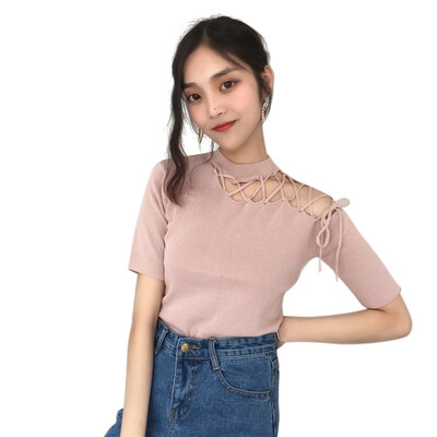 

Summer T Shirt Women Irregular Collar Hollow Knitted Short Sleeves Tee Shirt High Elasticity Breathable Top Female Tshirt