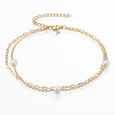 

304 Stainless Steel Multi-Strand Anklets with Lobster Clasps Acrylic Pearl Beads&Extender Chains Round Golden 8-58"x18"