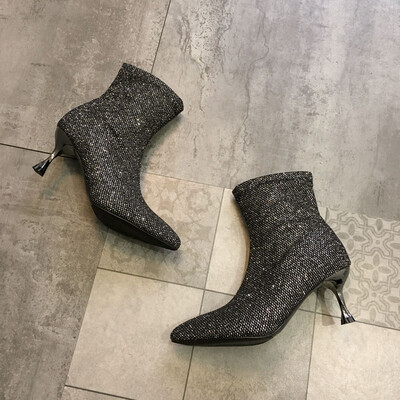 

Short-booted womens spring&autumn single-boot British style retro sequined pointed stiletto heels Joker handsome Martins boot