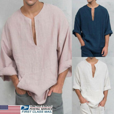 

US Summer Mens Autumn Long Sleeve Shirts Loose V-neck Linen T-shirt Tops Tee