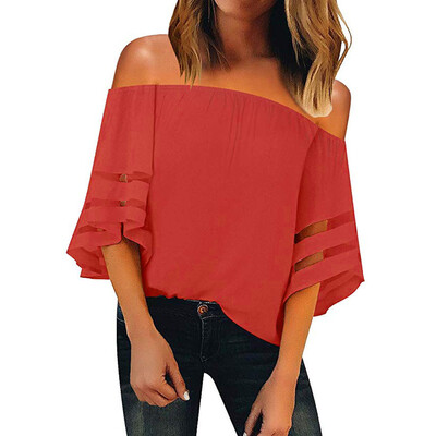 

Nomeni Women Off Shoulder Mesh Panel Blouse 34 Bell Sleeve Loose Top Shirt