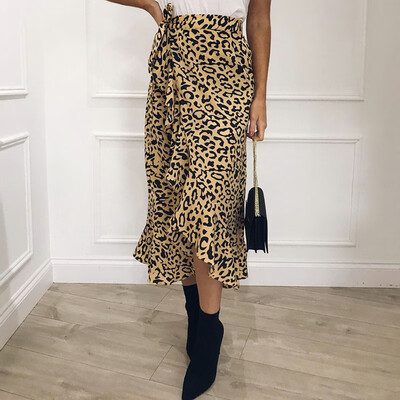 

Womens Leopard Print Ruffle Skirt High Waist Stretch Office Party Casual Dress