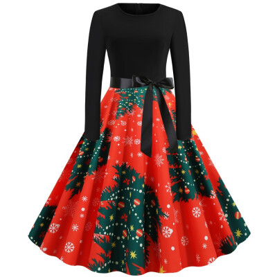 

Tailored Women Fashion Christmas Print Dress Round Neck Zipper Hepburn Party Dress