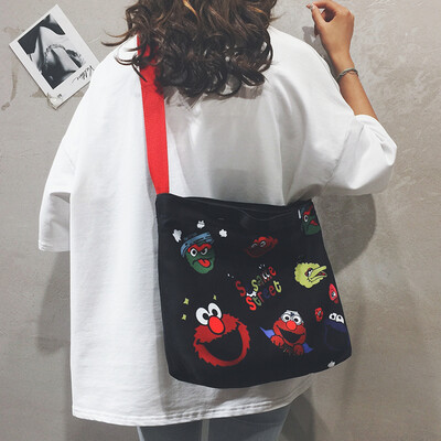 

Bag bag female 2019 new Korean version of the wild Harajuku students large capacity package Sesame Street canvas shoulder Messenger bag