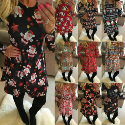 

Womens Christmas Dress Ladies Mini Santa Snowman Long Sleeves Xmas Swing Dresses
