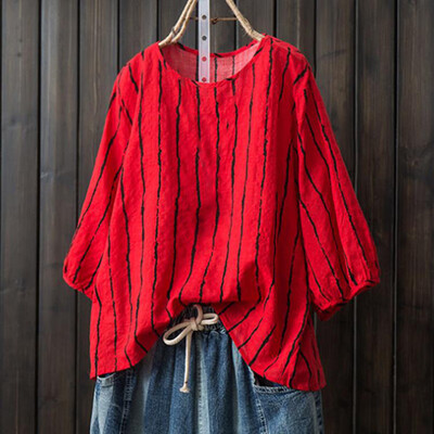 

Womens Casual Plus Size Striped Tops 34 Sleeve Shirts Round Neck T-shirt Blouse
